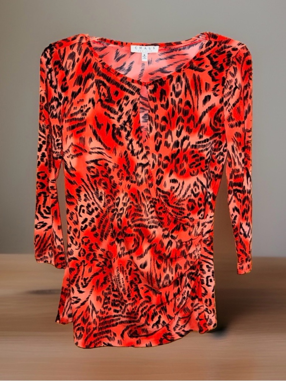 Chaus Red & Black Animal-Print Long Sleeve V-Neck Faux Wrap Top-M-EC